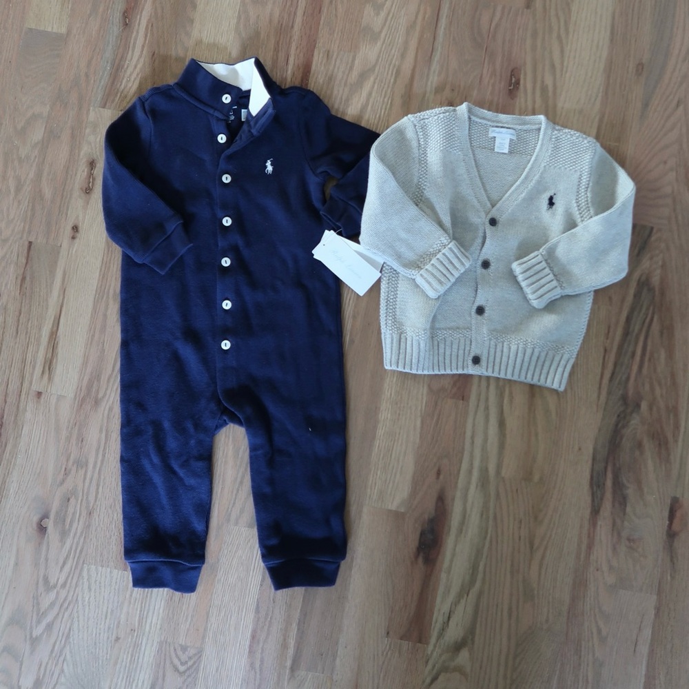 NEW Ralph Lauren Navy Blue Romper and Beige Cardigan Set